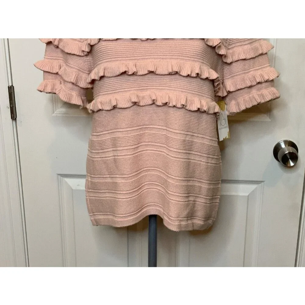 Kate Spade Pale Pink Ruffle Striped Short Sleeve Sweater, Size M